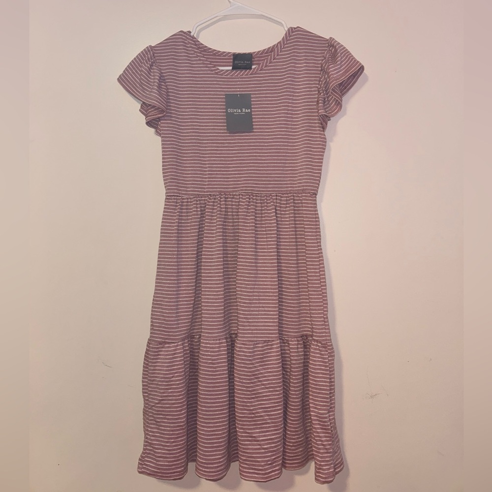 NWT Olivia Rae Pink and White striped Dress with Flares- Neck short Size SMALL
